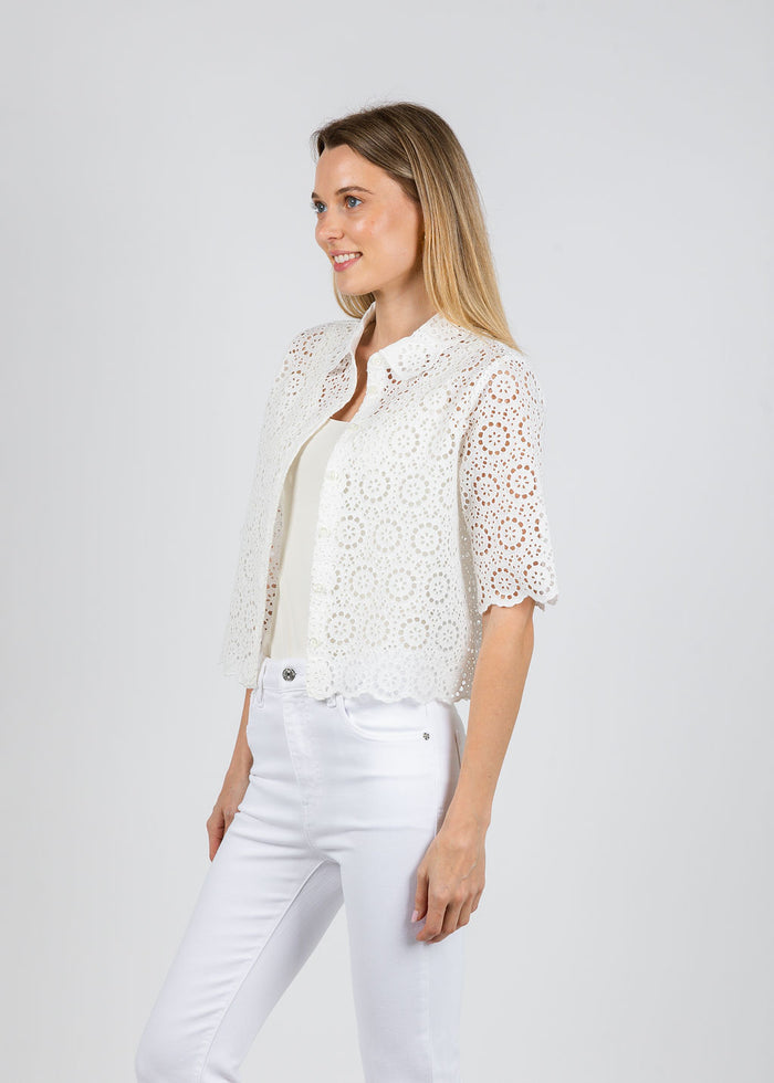 Frame The Petal Eyelet Shirt in White available at Barbara Katz