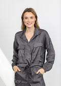 Lola & Sophie The Satin Cargo Jacket - Grey available at Barbara Katz