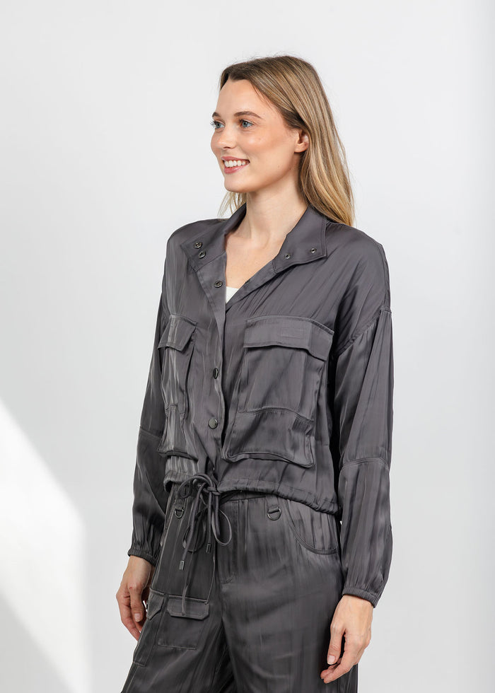 Lola & Sophie The Satin Cargo Jacket - Grey available at Barbara Katz