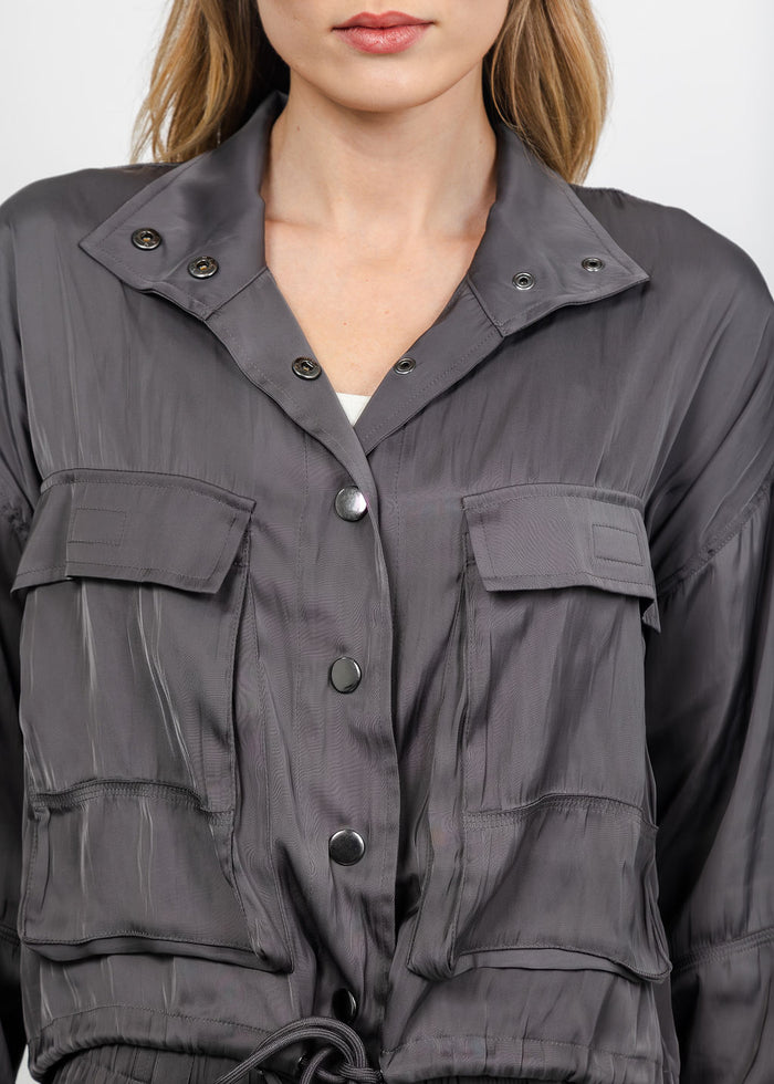 Lola & Sophie The Satin Cargo Jacket - Grey available at Barbara Katz