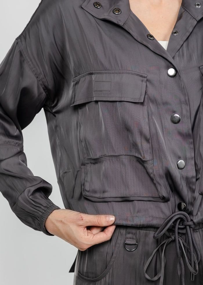 Lola & Sophie The Satin Cargo Jacket - Grey available at Barbara Katz