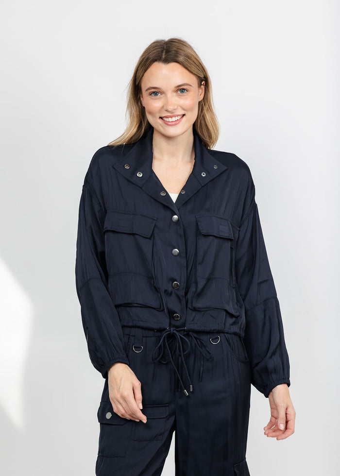Lola & Sophie The Satin Cargo Jacket - Midnight available at Barbara Katz