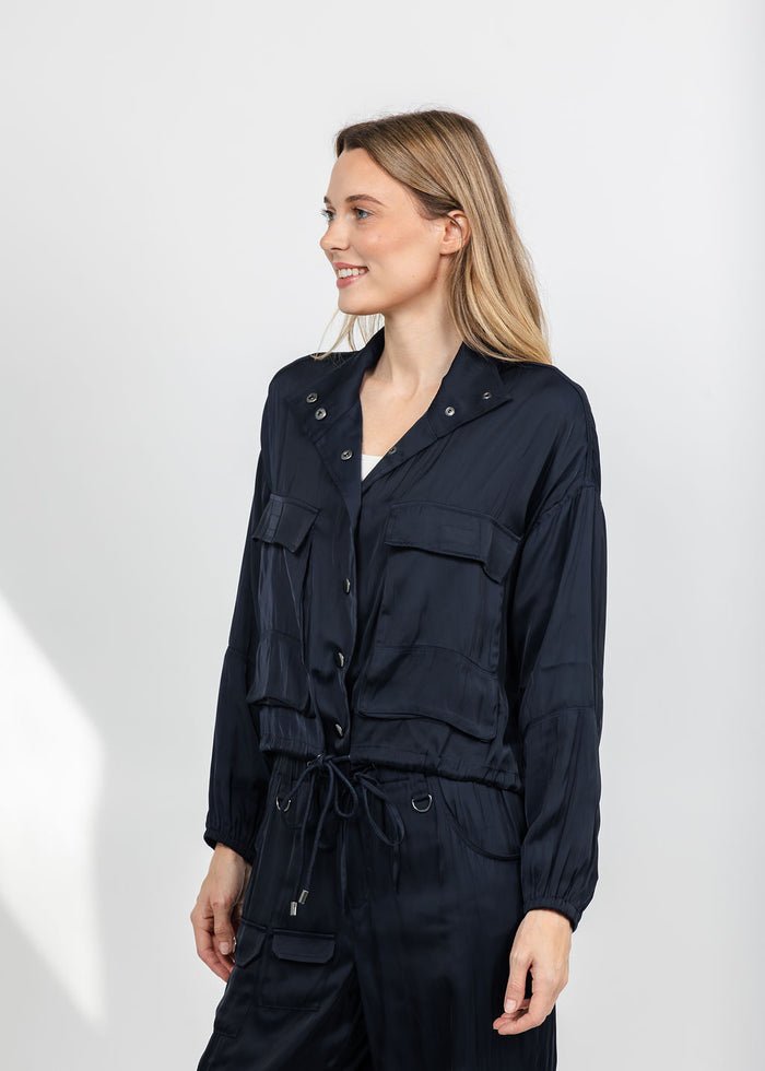 Lola & Sophie The Satin Cargo Jacket - Midnight available at Barbara Katz