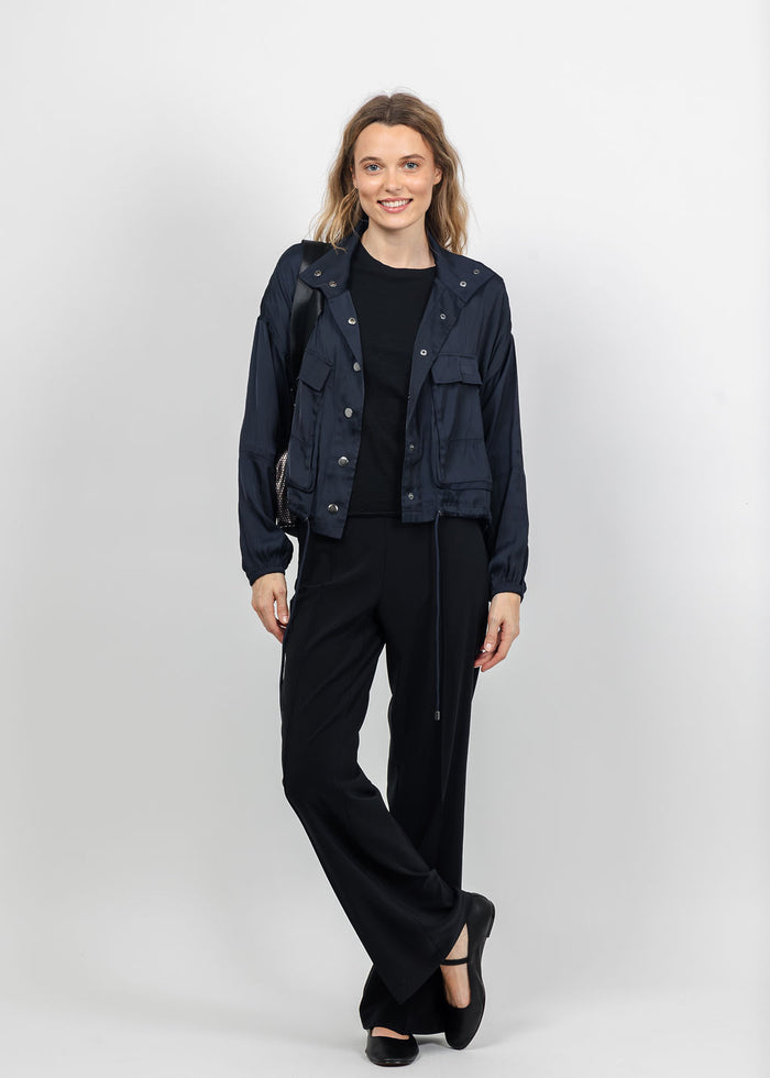 Lola & Sophie The Satin Cargo Jacket in Midnight available at Barbara Katz