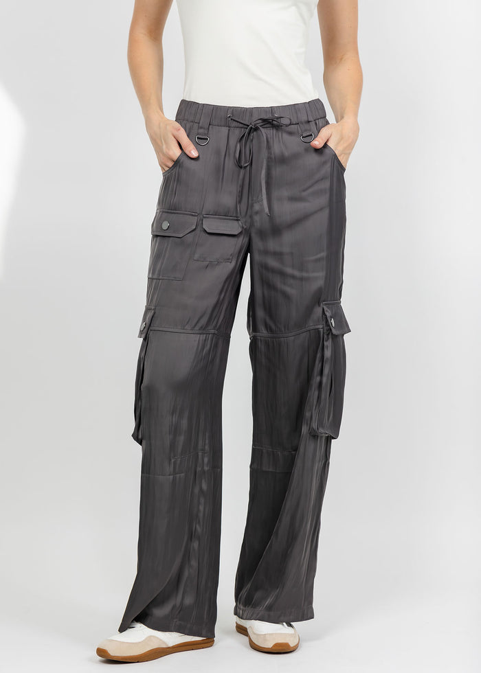 Lola & Sophie The Satin Cargo Pant - Grey available at Barbara Katz