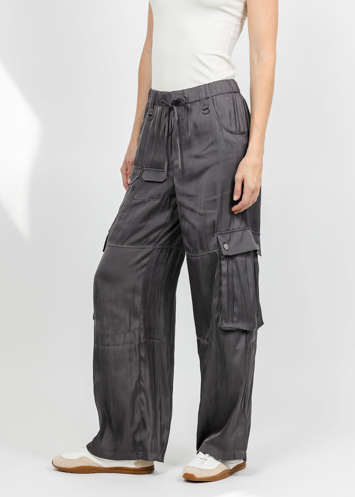 Lola & Sophie The Satin Cargo Pant - Grey available at Barbara Katz