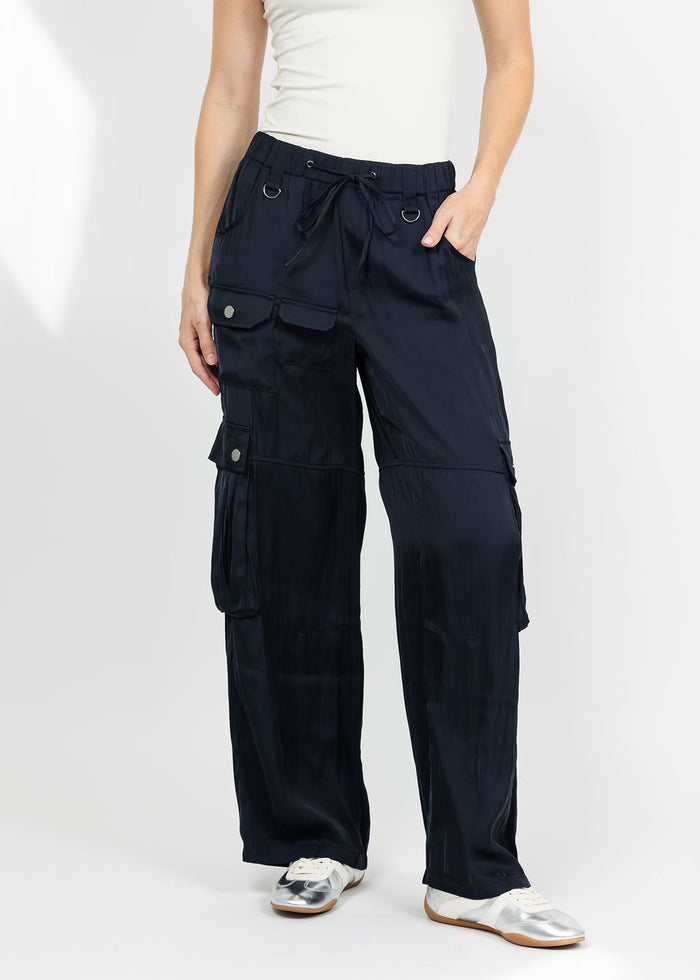 Lola & Sophie The Satin Cargo Pant - Midnight available at Barbara Katz