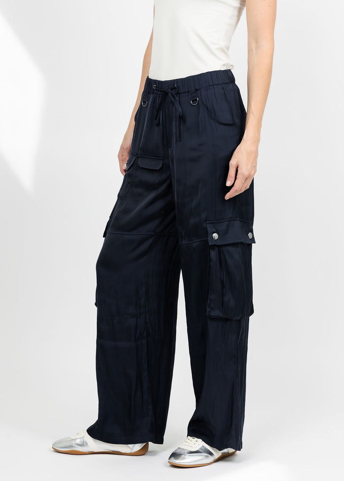 Lola & Sophie The Satin Cargo Pant - Midnight available at Barbara Katz