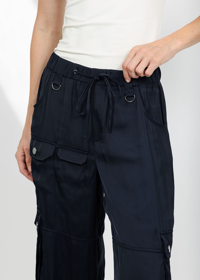 Lola & Sophie The Satin Cargo Pant - Midnight available at Barbara Katz