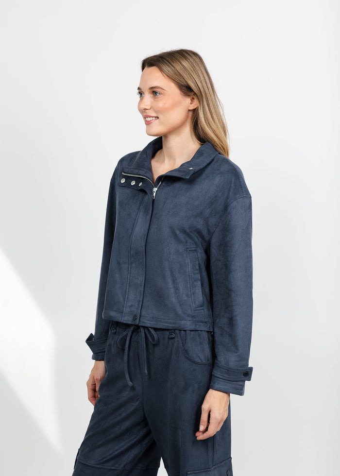 Lola & Sophie The Scout Suede Jacket - Night Watch available at Barbara Katz