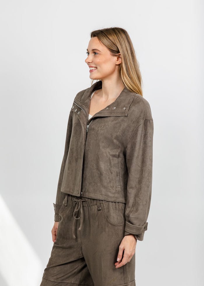 Lola & Sophie The Scout Suede Jacket - Olive available at Barbara Katz