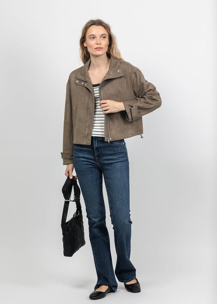 Lola & Sophie The Scout Suede Jacket in Olive available at Barbara Katz