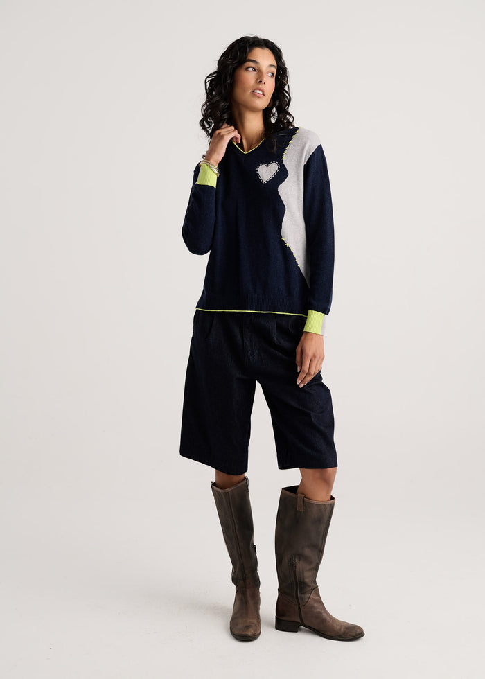 Zaket & Plover Threaded With Love V Sweater in Dark Denim available at Barbara Katz