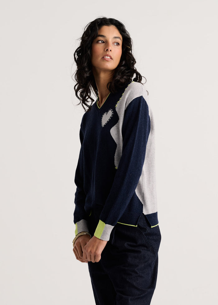 Zaket & Plover Threaded With Love V Sweater in Dark Denim available at Barbara Katz
