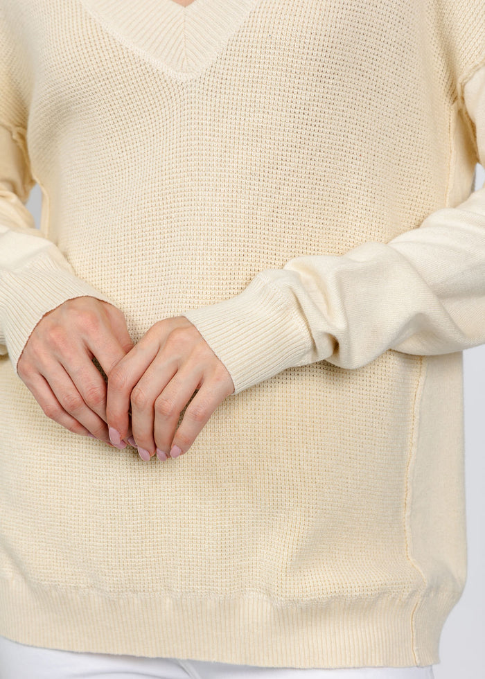 Elliott Lauren V Neck Waffle Sweater in Ivory available at Barbara Katz
