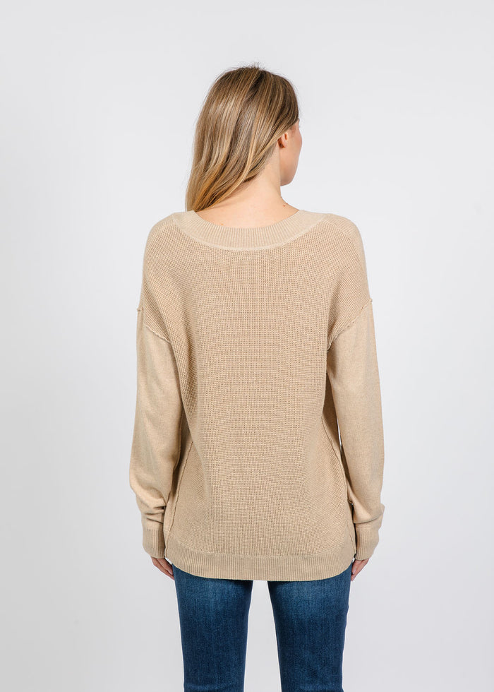 Elliott Lauren V Neck Waffle Sweater in Oatmeal available at Barbara Katz