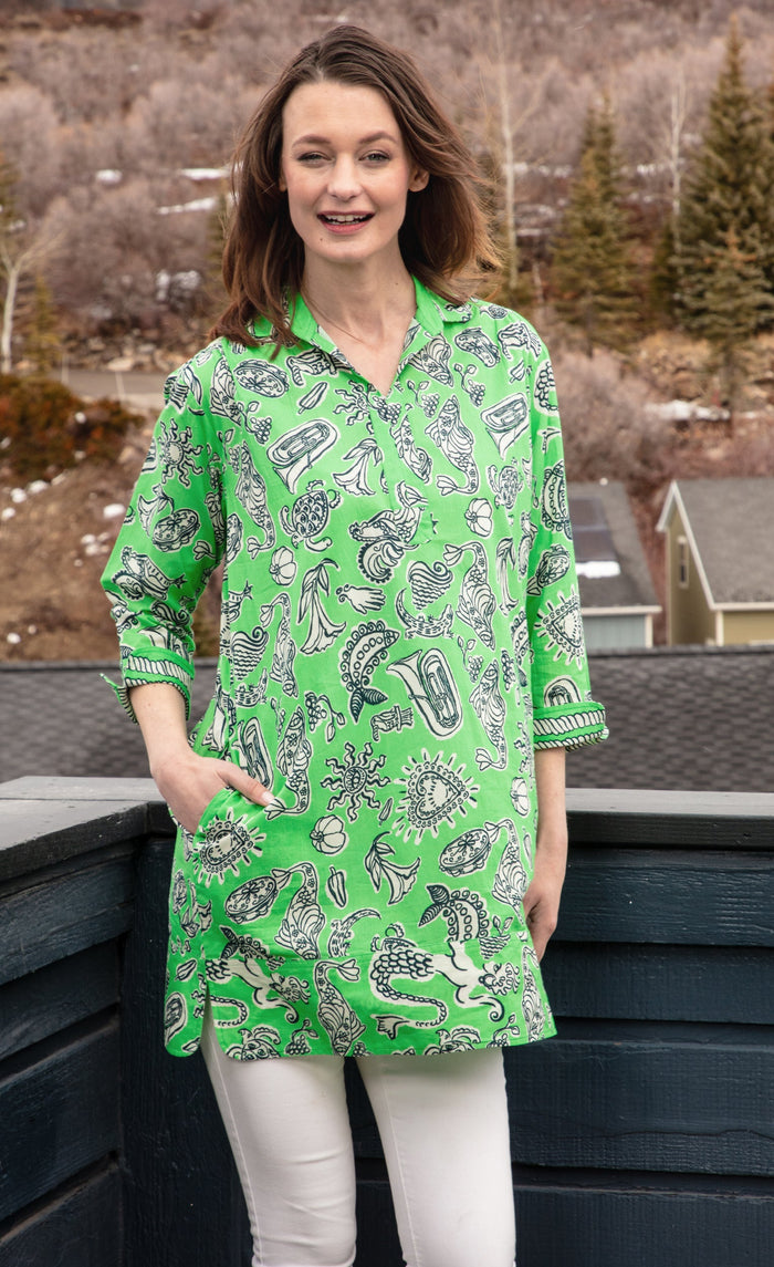 Dizzy-Lizzie Vail Tunic - Green Whimsy Print available at Barbara Katz
