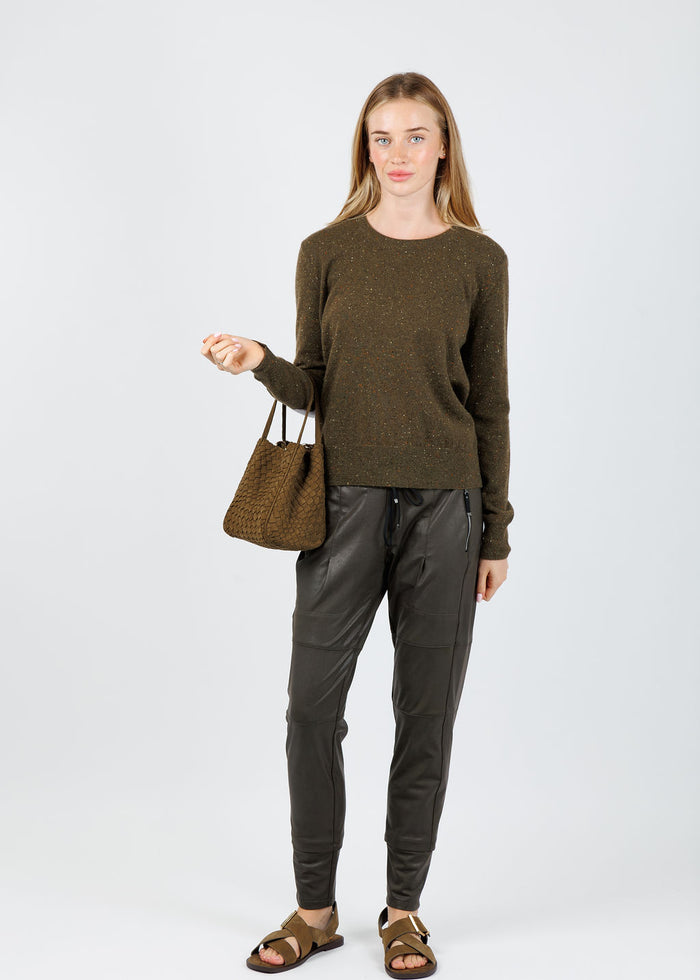 Patchwork Pullover Sweater in Army Green paired with Raffaello Rossi Vegan Leather Candy Pants in Dark Olive available at Barbara Katz