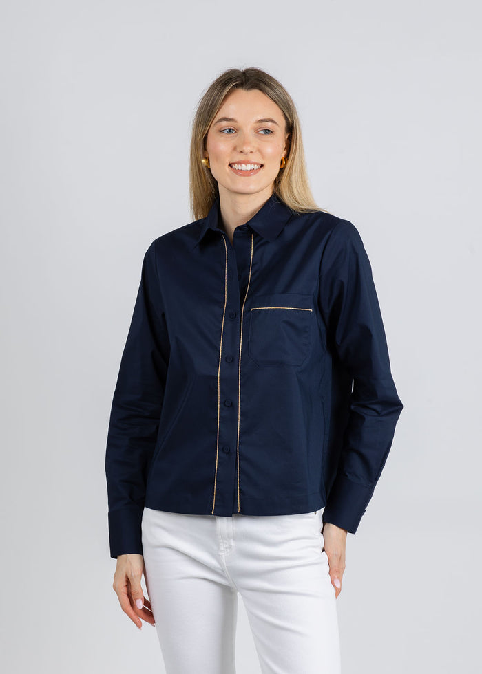 Hinson Wu Venus Long Sleeve Metallic Bead Shirt in Navy available at Barbara Katz