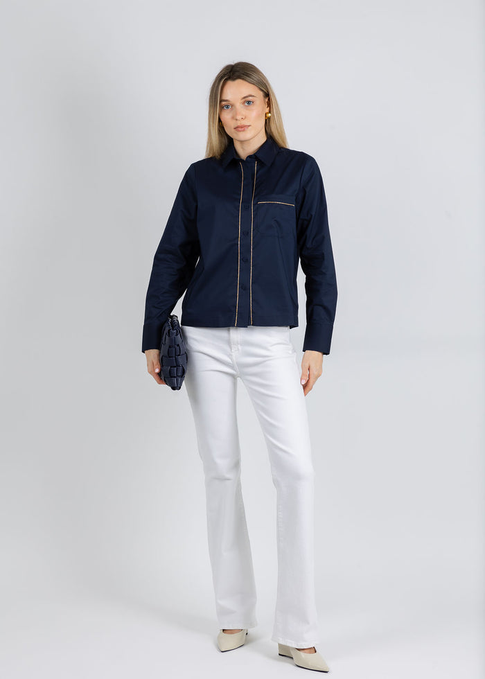 Hinson Wu Venus Long Sleeve Metallic Bead Shirt in Navy available at Barbara Katz