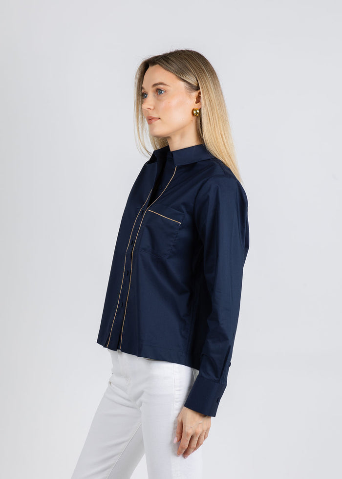 Hinson Wu Venus Long Sleeve Metallic Bead Shirt in Navy available at Barbara Katz