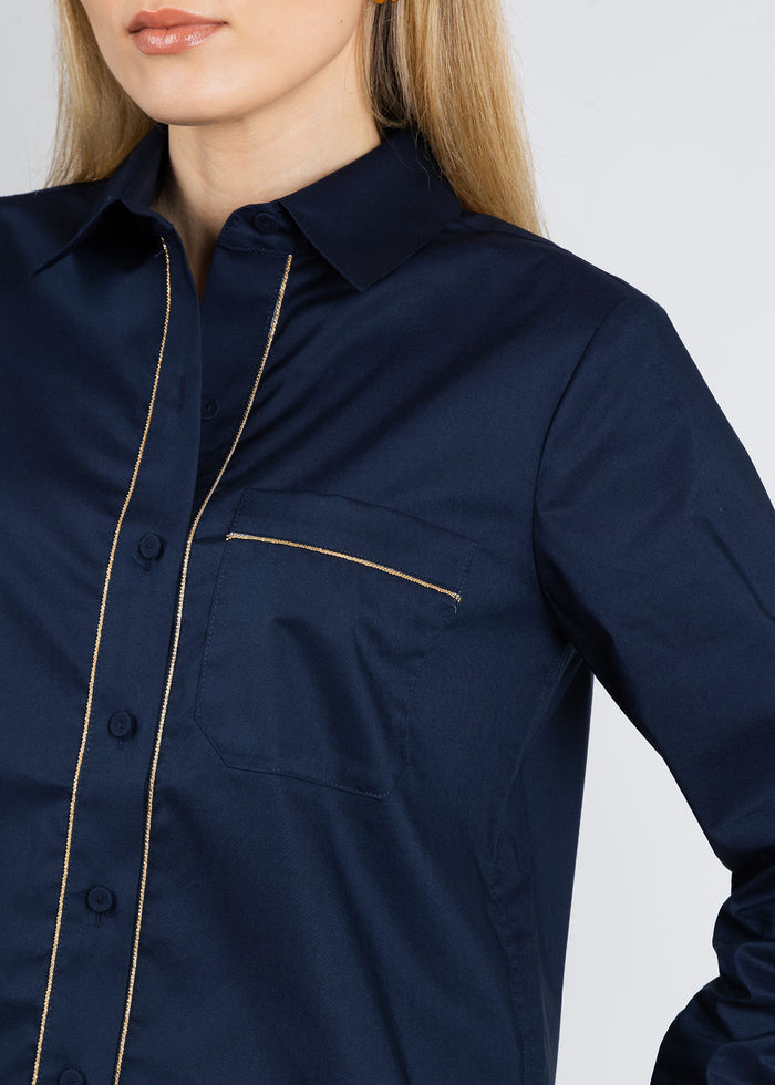 Hinson Wu Venus Long Sleeve Metallic Bead Shirt in Navy available at Barbara Katz