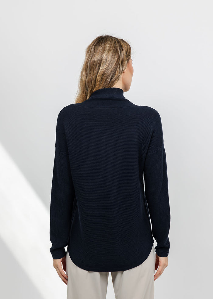 Elliott Lauren Waffle Stitch Funnel Neck Sweater in Navy available at Barbara Katz