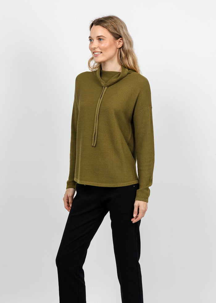 Elliott Lauren Waffle Stitch Funnel Neck Sweater in Olive available at Barbara Katz