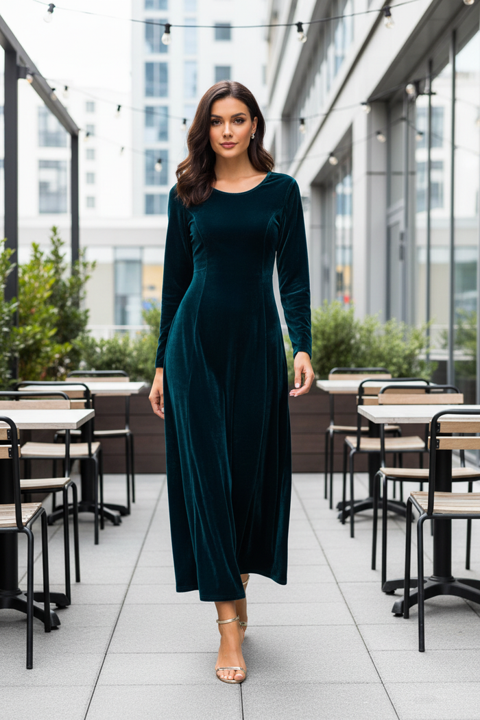 Mujer con vestido de terciopelo verde en calle urbana