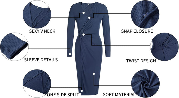 Women'S Long Sleeve Dress: Midi Casual V Neck Twist Waist Ribbed Knit Bodycon Slit Cocktail Party Dresses