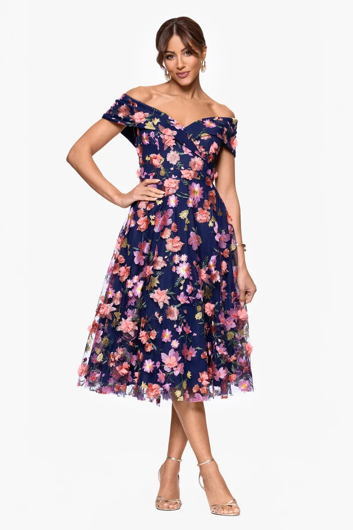 Xscape Evenings "Daniela" 3D Floral Embellished Off the Shoulder Midi Dress 6815X