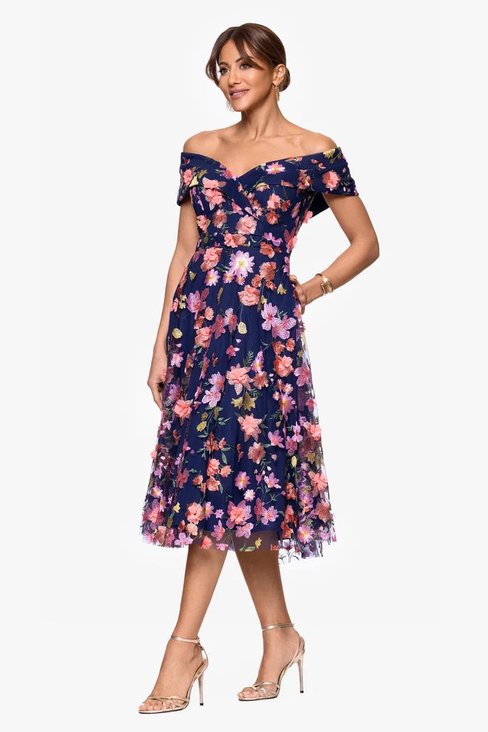 Xscape Evenings "Daniela" 3D Floral Embellished Off the Shoulder Midi Dress 6815X